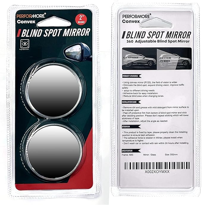 Performore 2 Pack of Blind Spot Car Mirrors, 2 Inch Round HD Glass Convex Rear View Wide Angle Side Mirror Blindspot with Self Adhesive Back for Universal Vehicles